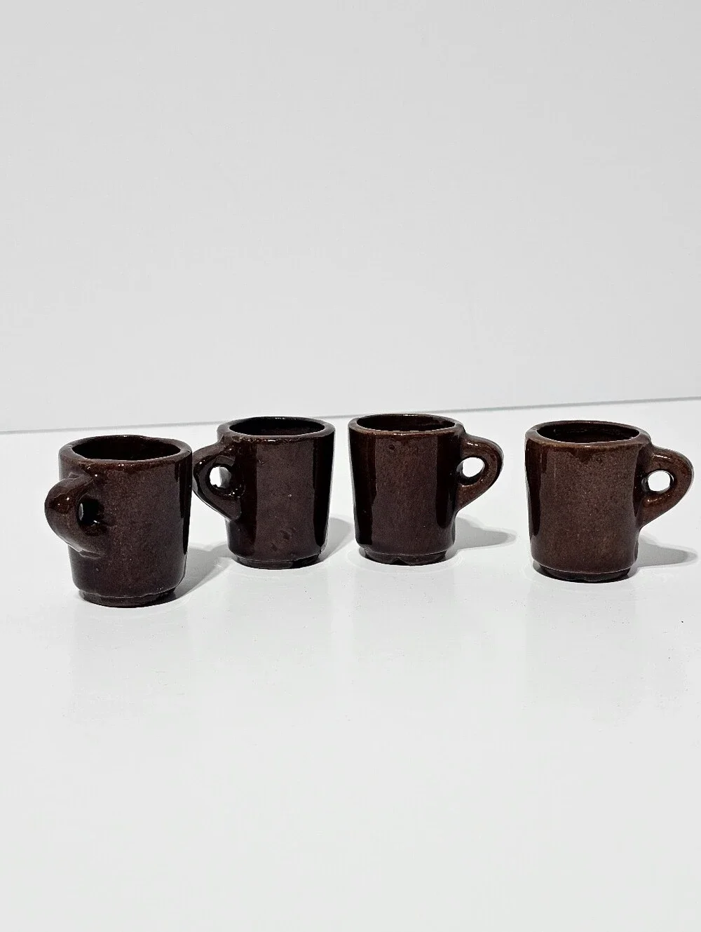 Vintage Mid-century Brown Glazed Ceramic Miniature Mug-style Shot Glasses 4